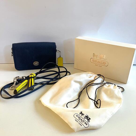 COACH Legacy Penny Perforated Leather Navy & Yellow Crossbody, Dust Bag & Box - Picture 1 of 15